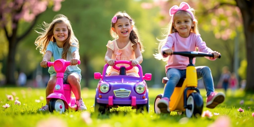 Girls riding colorful ride-on toys in a sunny park.