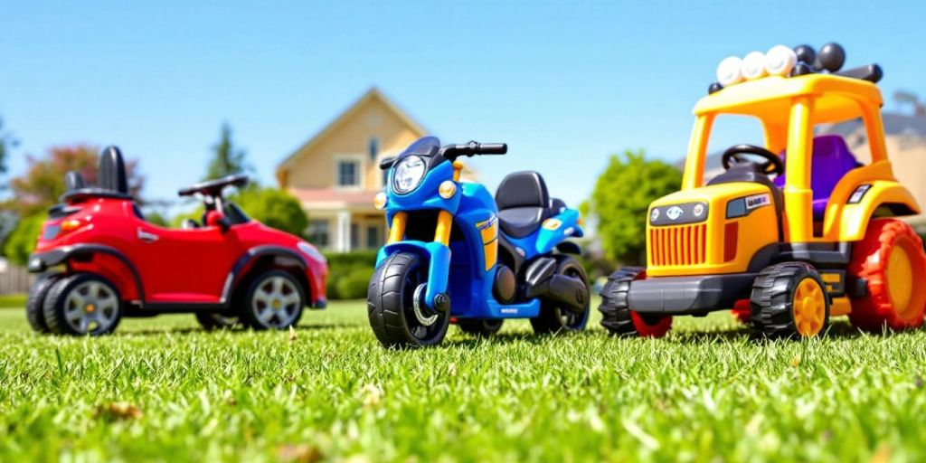 Colorful ride-on toys on a sunny lawn.