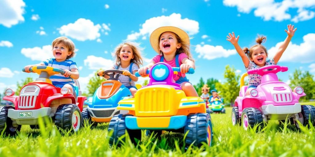 Children playing with colorful ride-on toys outdoors.