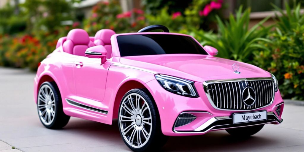 Pink Mercedes Maybach ride-on car for girls in sunlight.