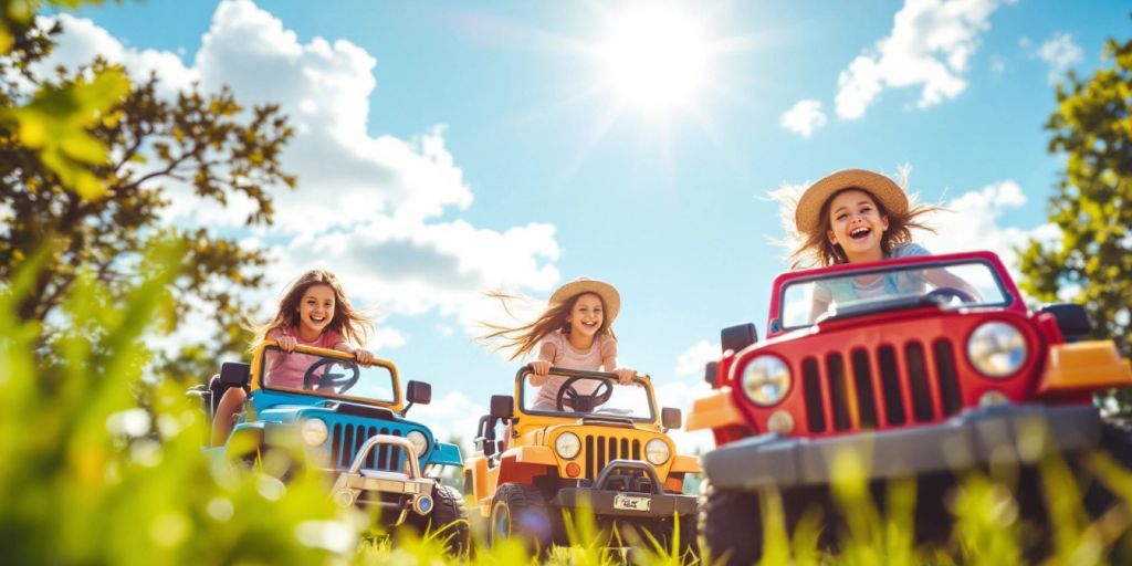 Girls riding colorful ride-on Jeeps in a sunny park.