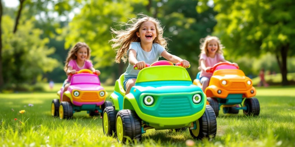 Girls riding colorful electric ride-on toys in a park.