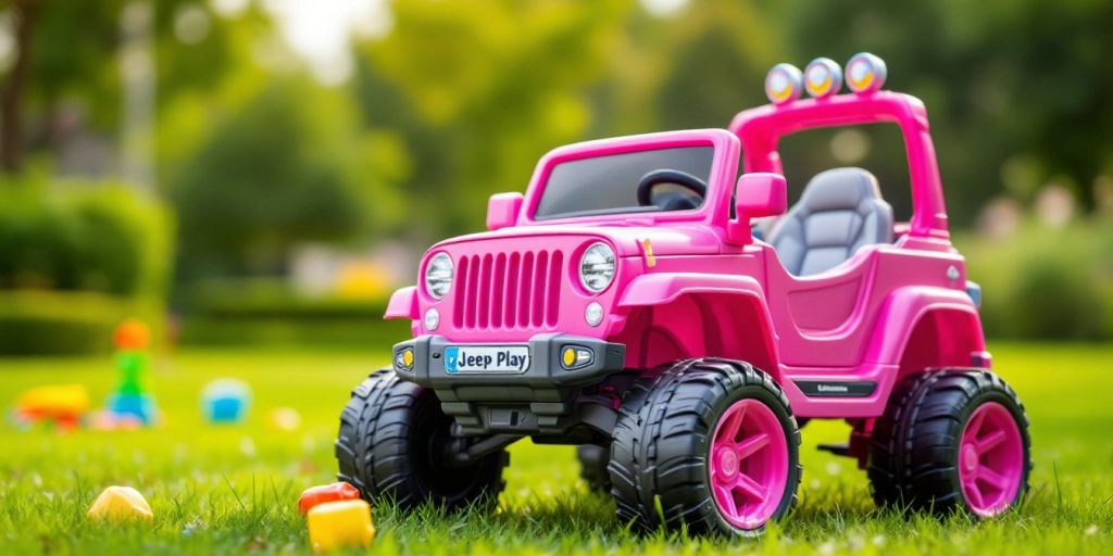 Pink ride-on Jeep on a grassy lawn with toys.