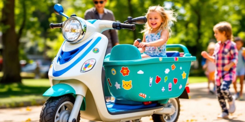 Kids riding a scooter with a colorful sidecar.