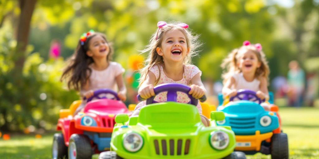 Girls riding colorful toys in a sunny park.