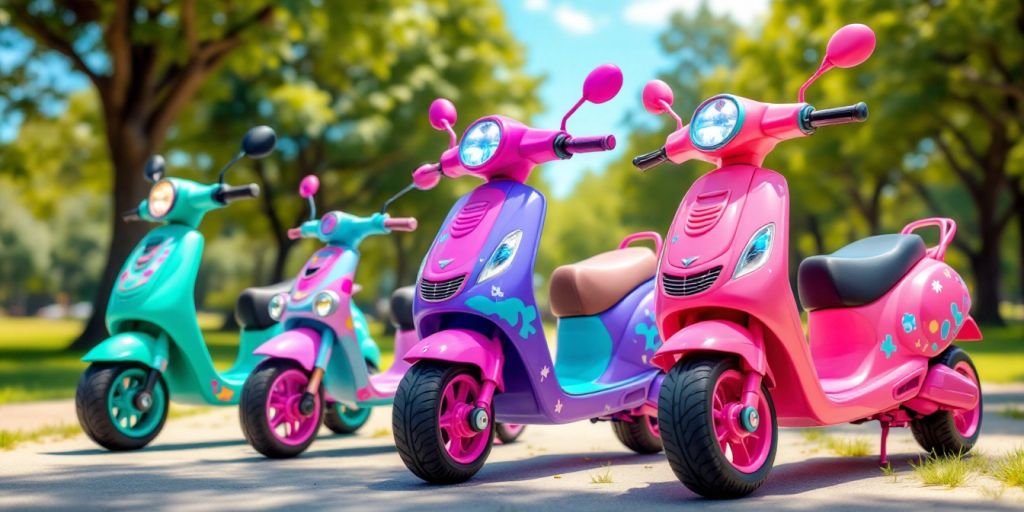 Colorful ride-on scooters for girls in a sunny park.