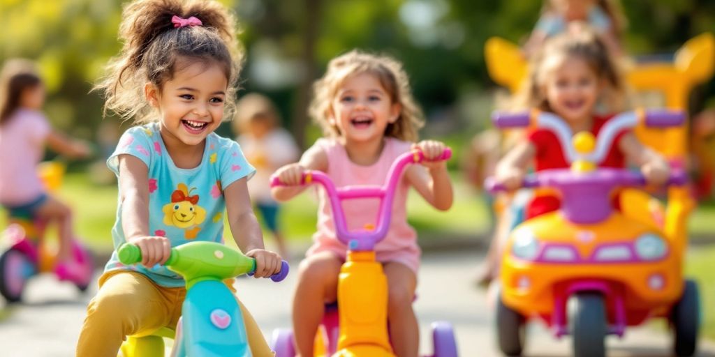 Girls playing with colorful ride-on toys outdoors.