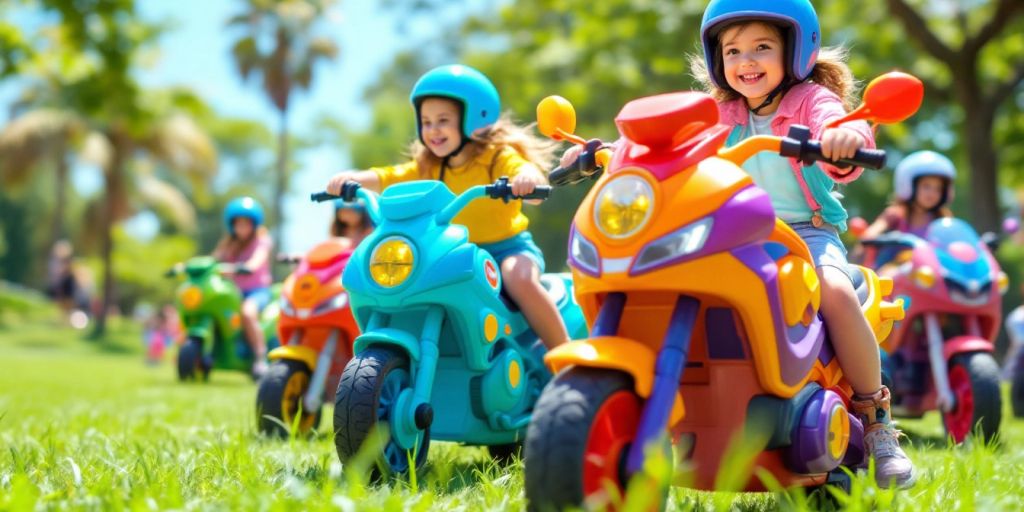 Girls riding colorful motorcycles in a sunny park.