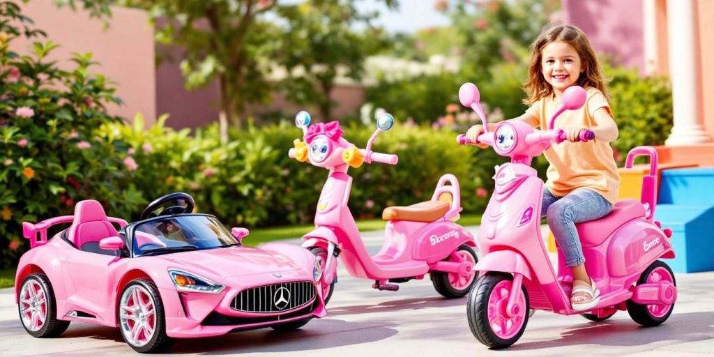 Colorful pink ride-on vehicles for children in a park.