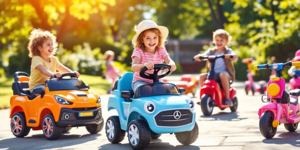 Colorful battery-powered ride-on toys for kids outdoors.