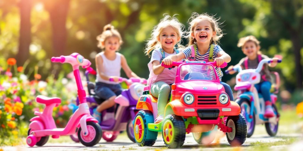 Colorful ride-on toys for girls aged 5-10 in park.