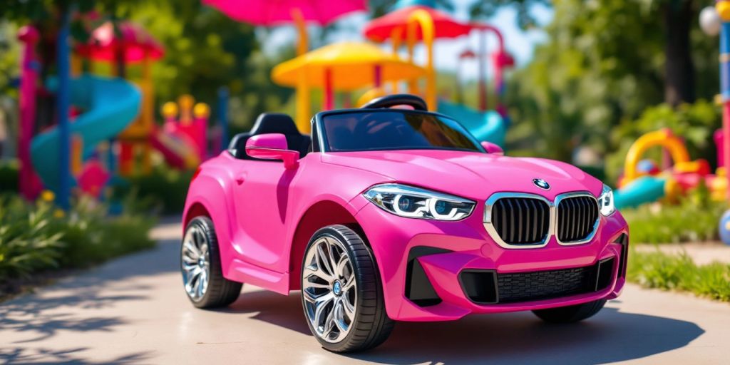 Pink BMW ride-on car for girls in a playground.