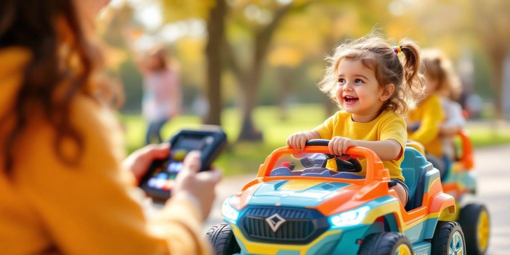 Children riding remote-controlled toy cars in a sunny park.