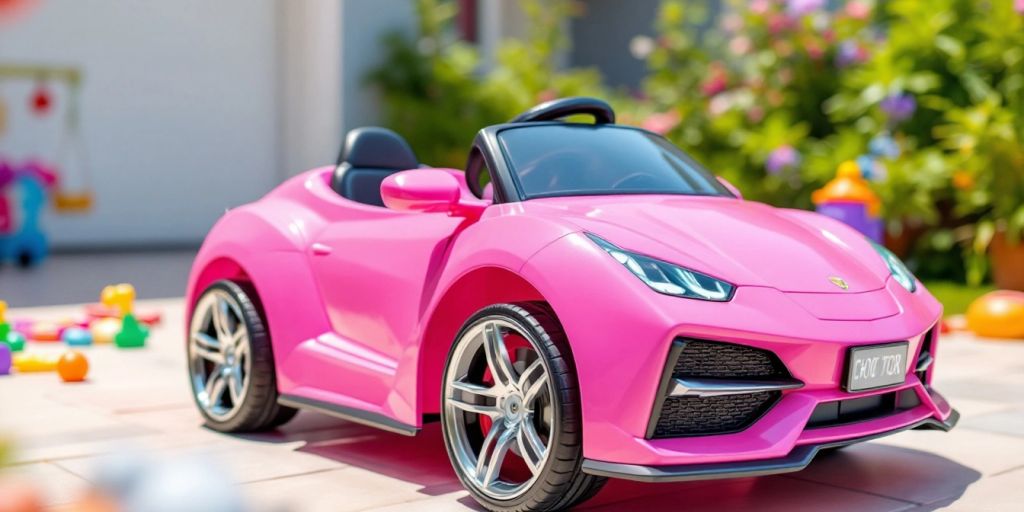 Pink ride-on car on a sunny driveway with toys.