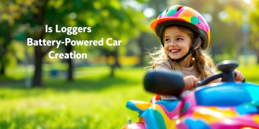 Girl driving a colorful battery-powered car in a park.