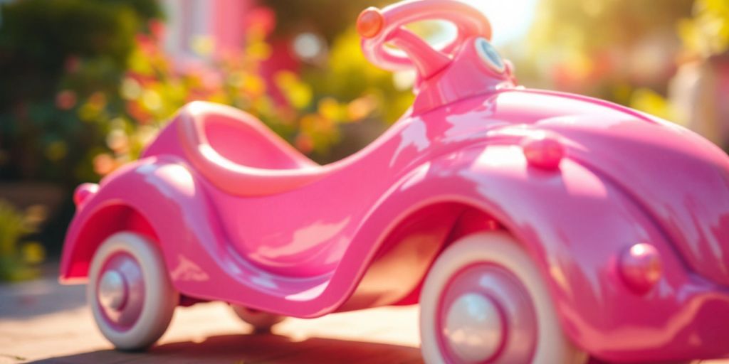 Pink ride-on toy car on a sunny background.