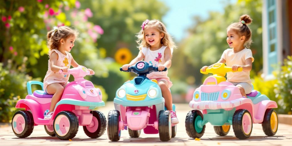 Colorful ride-on toys for girls in a sunny setting.