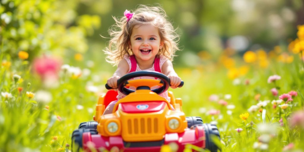 Girl riding a colorful toy vehicle in a park.