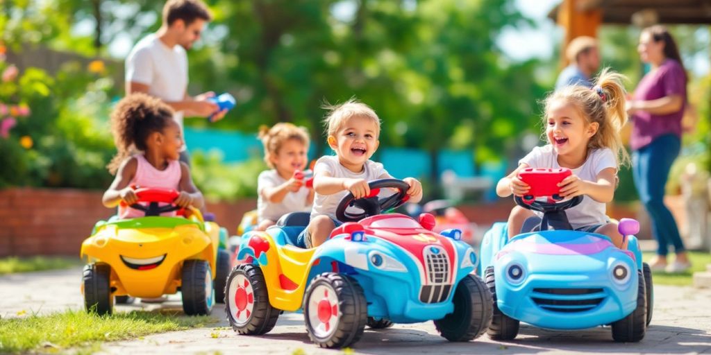 Children driving colorful remote control ride-on cars outdoors.