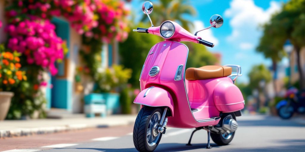 Pink Vespa scooter for kids on a sunny street.