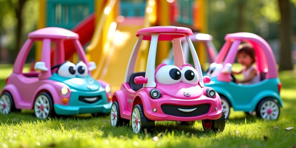 Colorful girls' ride-on cars in a sunny playground.