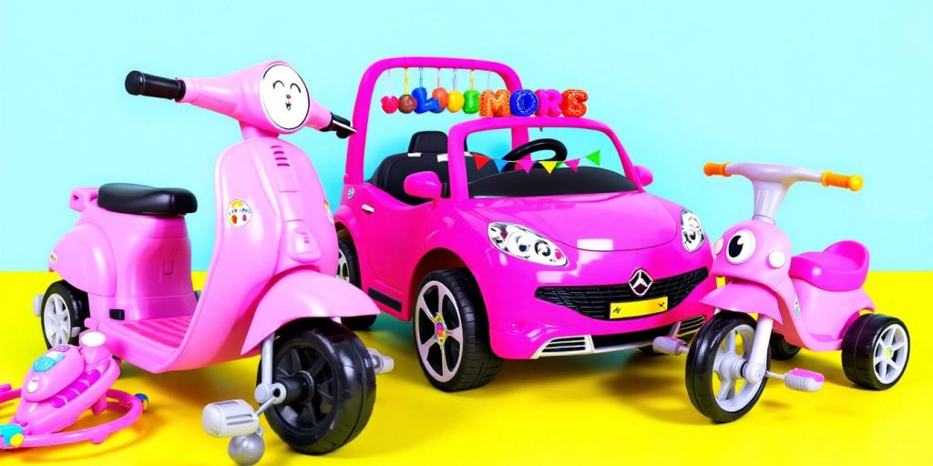 Colorful pink ride-on toys for kids in a playful setting.