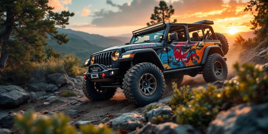 Jeep driving through rugged terrain at sunset.