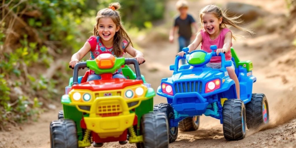 Girls riding colorful off-road toys in nature.