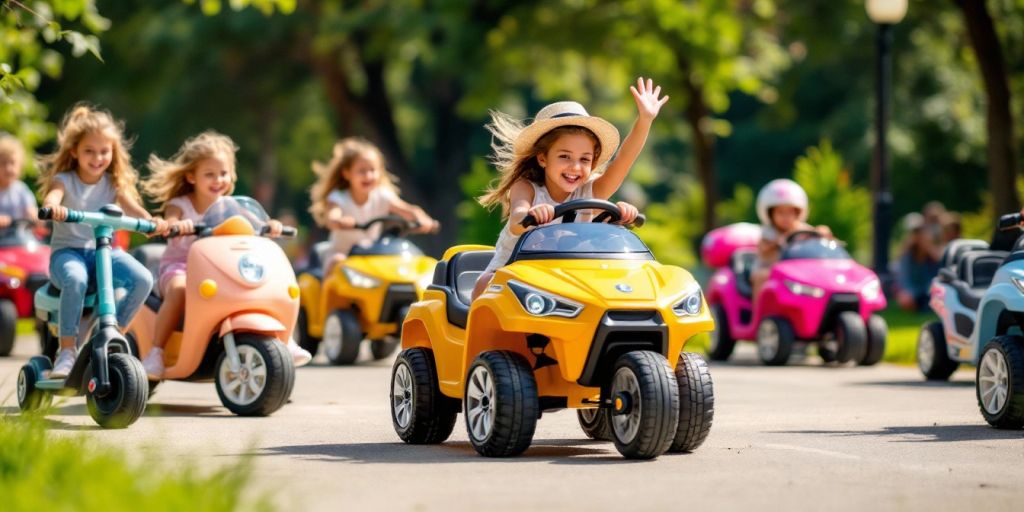 Girls riding colorful ride-on vehicles in a sunny park.