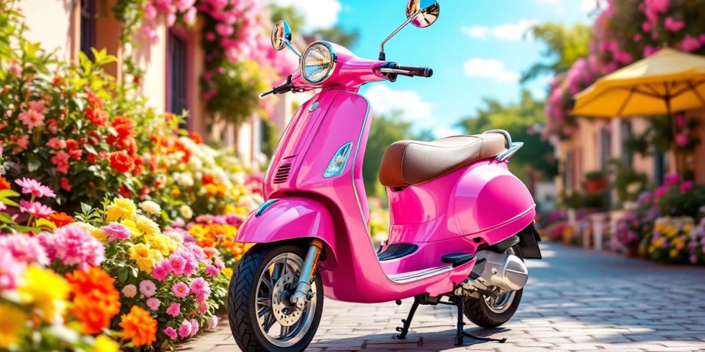 Pink scooter on a sunny street with flowers.