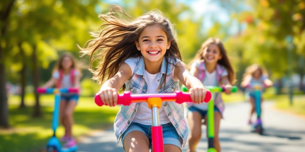 Girls riding scooters in a sunny park, joyful and active.