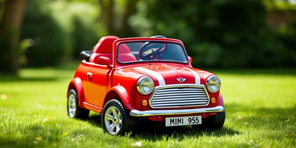 Red Mini Cooper ride-on car on a sunny lawn.