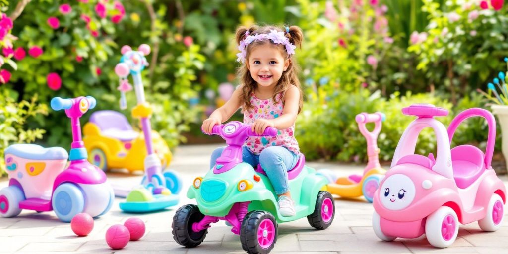 Colorful ride-on toys for young girls in play area.