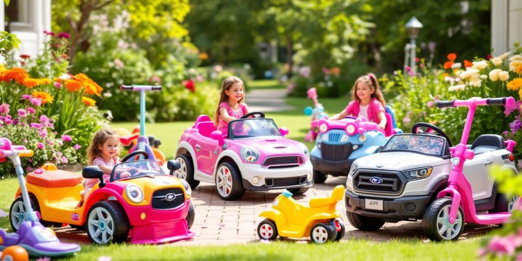 Colorful electric ride-on toys for girls in a sunny park.