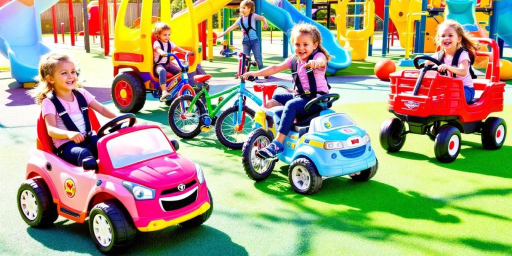 Colorful ride-on toys with seat belts in a playground.