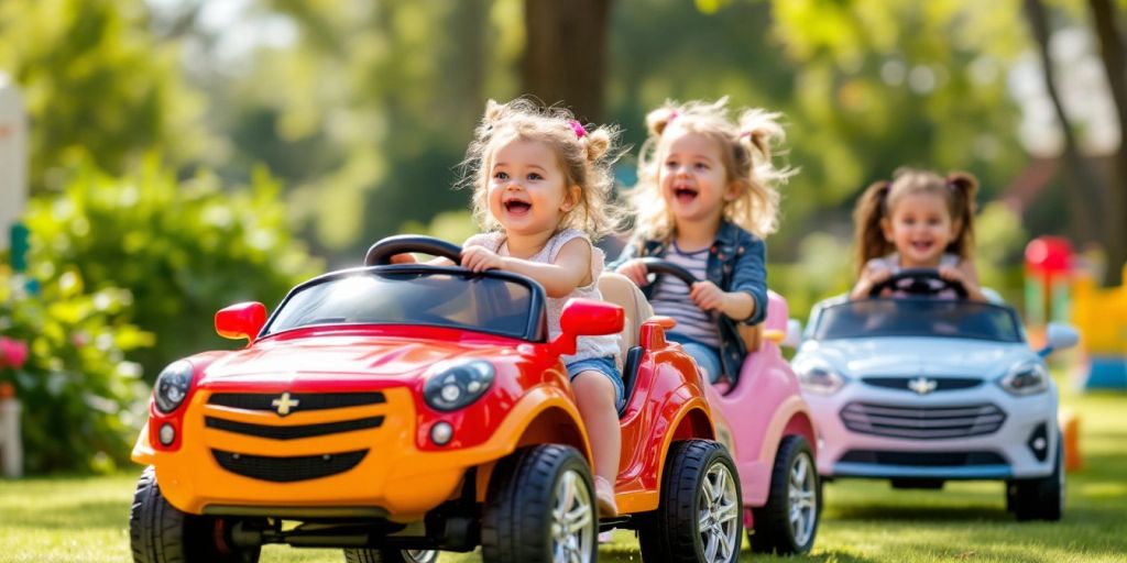 Toddler girls riding colorful cars in a sunny park.