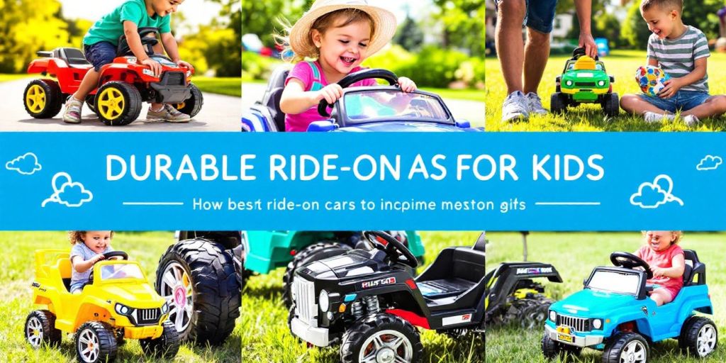 Colorful ride-on cars for kids in an outdoor setting.