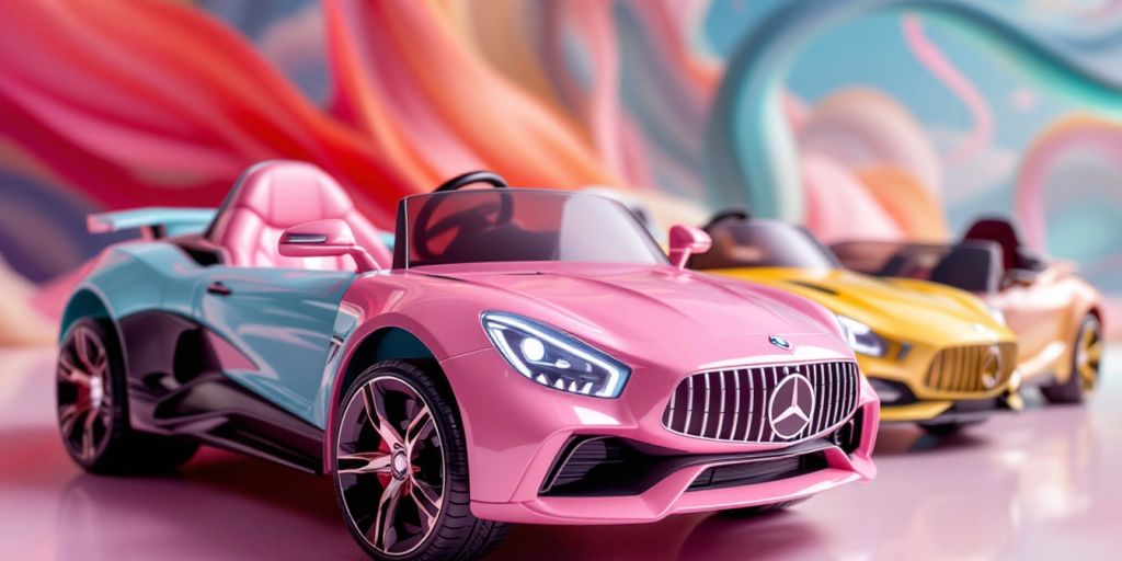 Colorful luxury ride-on cars for girls in a row.