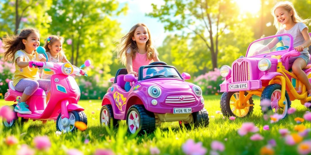 Girls riding colorful ride-on toys in a sunny park.