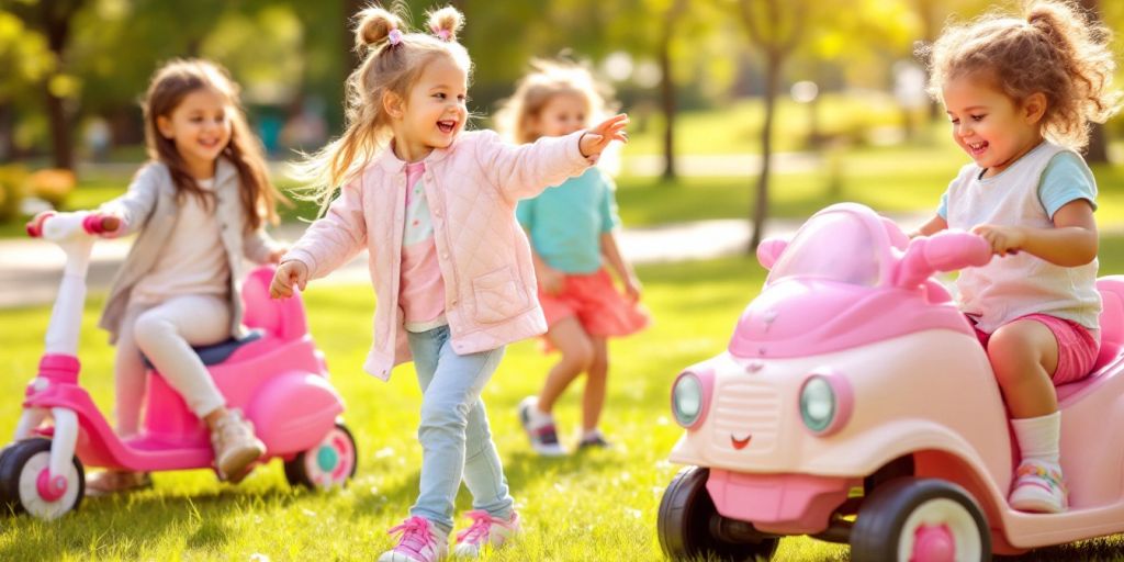 Girls playing with safe ride-on toys in a park.