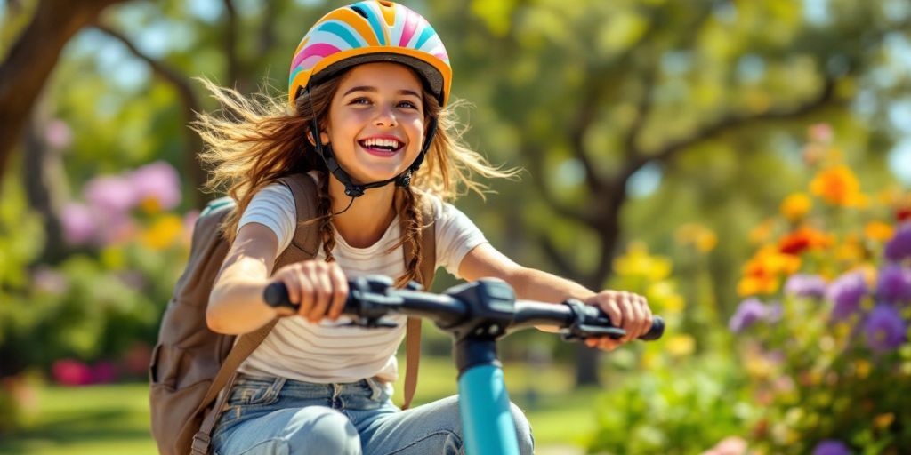 Girl riding an electric scooter in a sunny park.