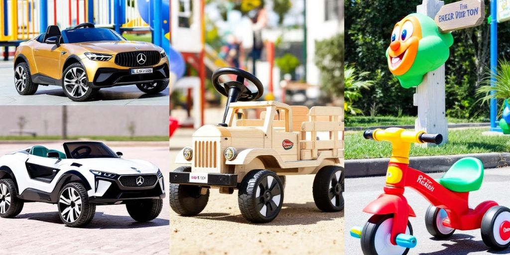 Colorful ride-on toys in a sunny playground setting.