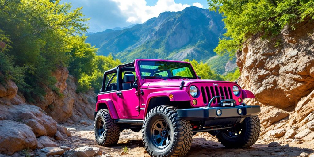 Pink 4x4 Jeep on an off-road trail.